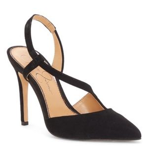 Jessica Simpson black suede slingback pointed toe stiletto pumps